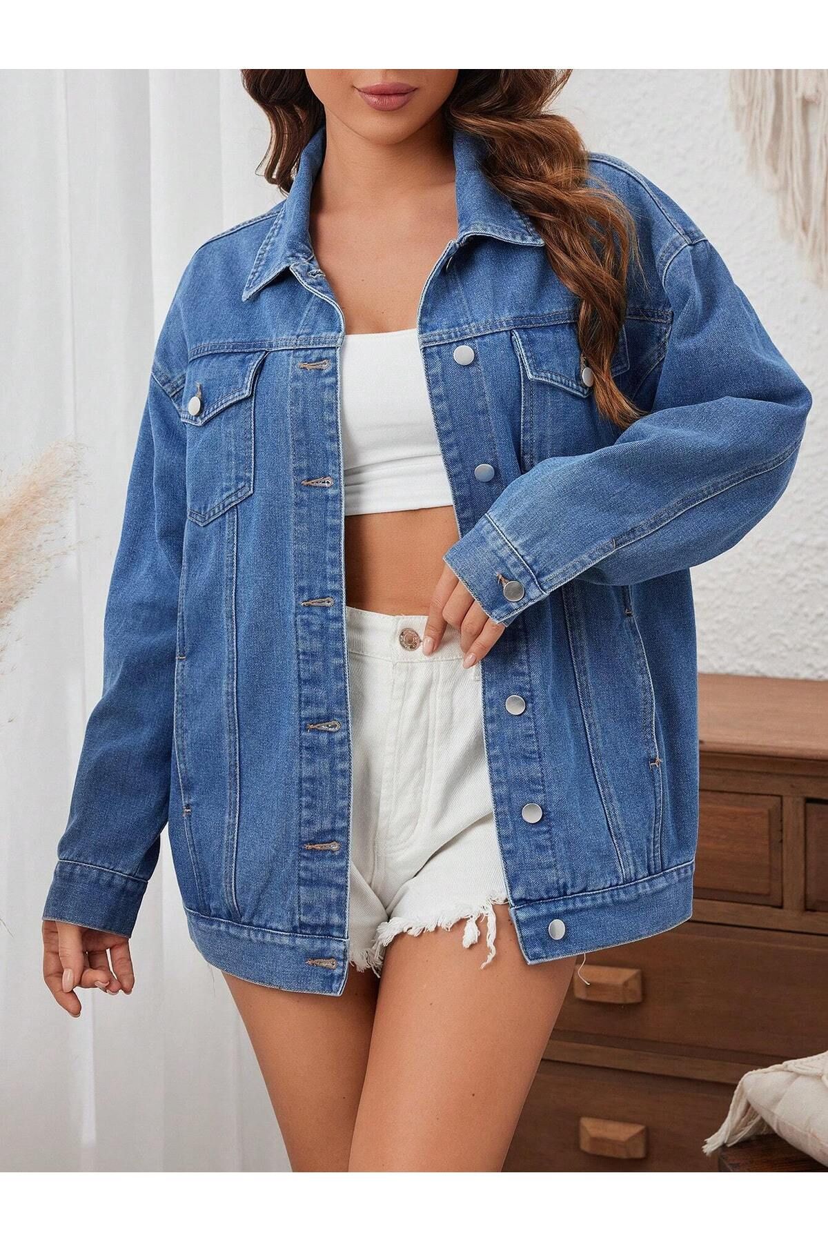 Kadın Slim Fit Denim Kot Ceket Mavi Kadın Slim Fit Denim Kot Ceket Mavi