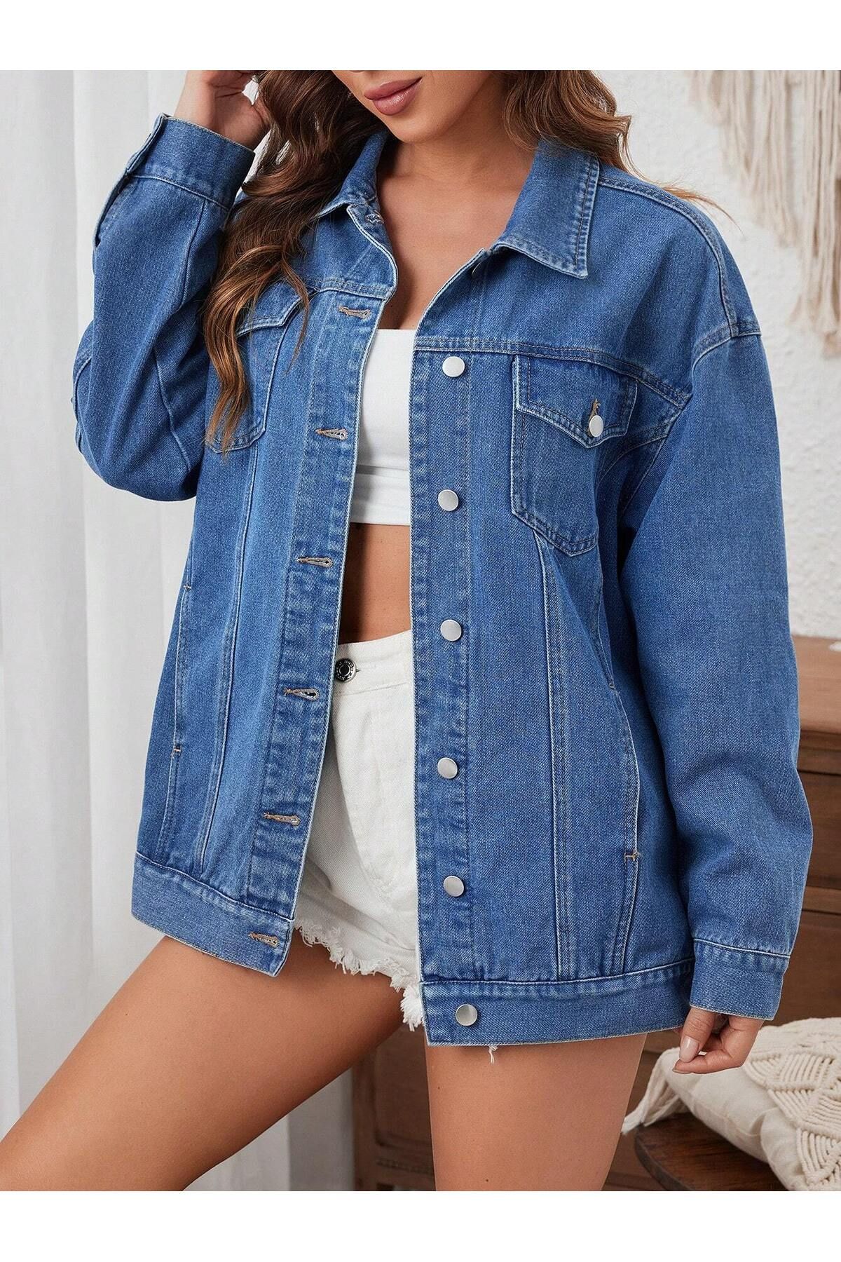 Kadın Slim Fit Denim Kot Ceket Mavi Kadın Slim Fit Denim Kot Ceket Mavi