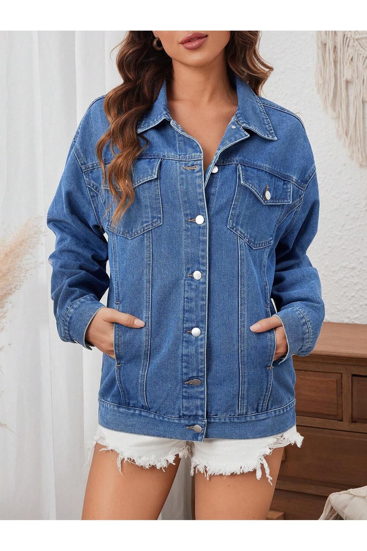 Kadın Slim Fit Denim Kot Ceket Mavi Kadın Slim Fit Denim Kot Ceket Mavi