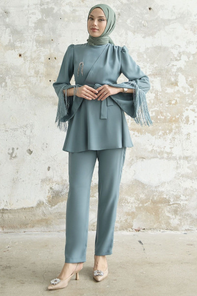 Püsküllü Kol Taşlı Krep Takım - Mint