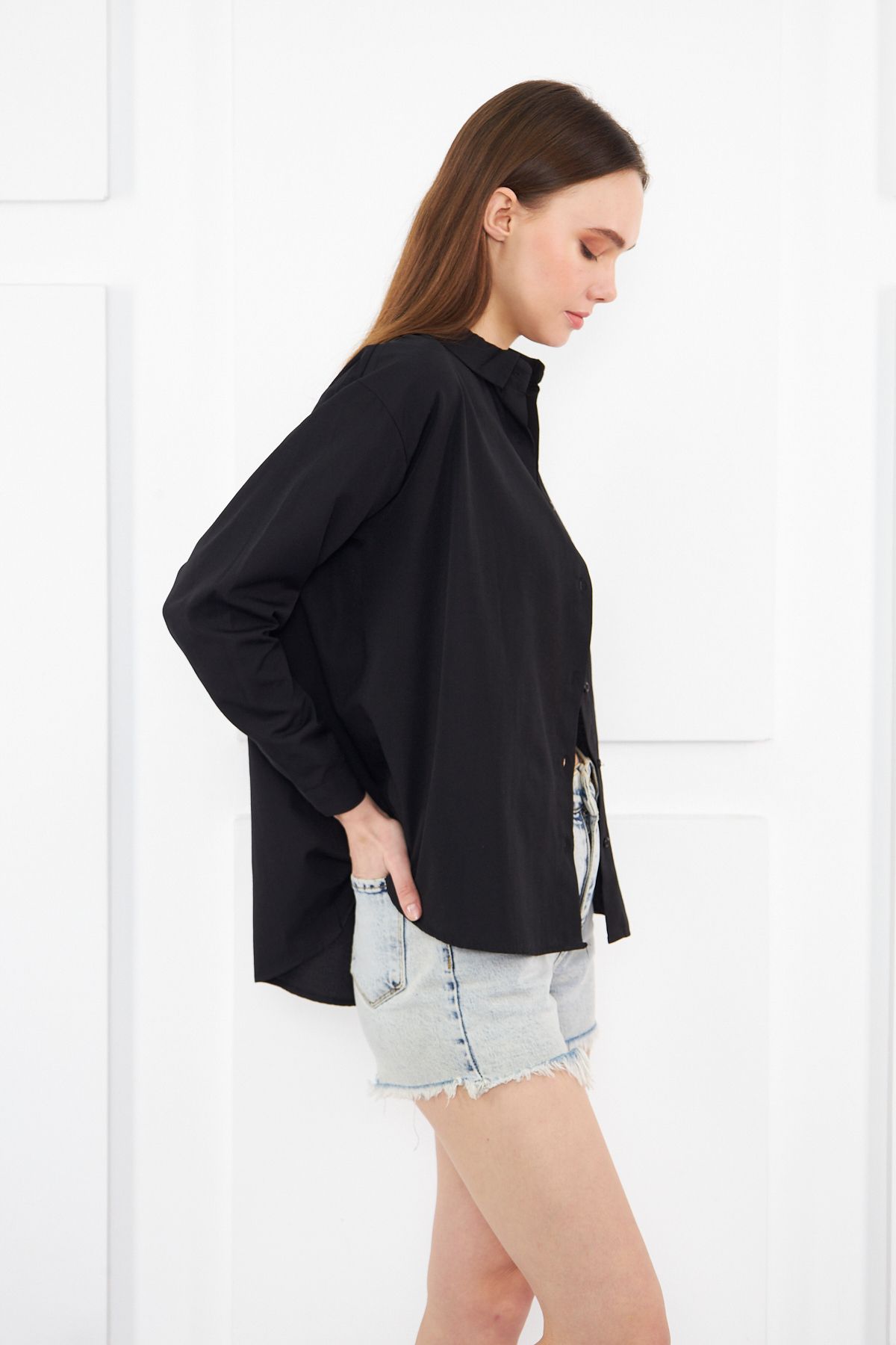 Kadın Siyah Oversize Uzun Basic Gömlek