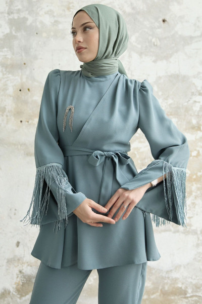 Püsküllü Kol Taşlı Krep Takım - Mint