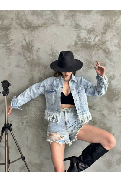 Kadın Püskül Detaylı Denim Ceket Kadın Püskül Detaylı Denim Ceket