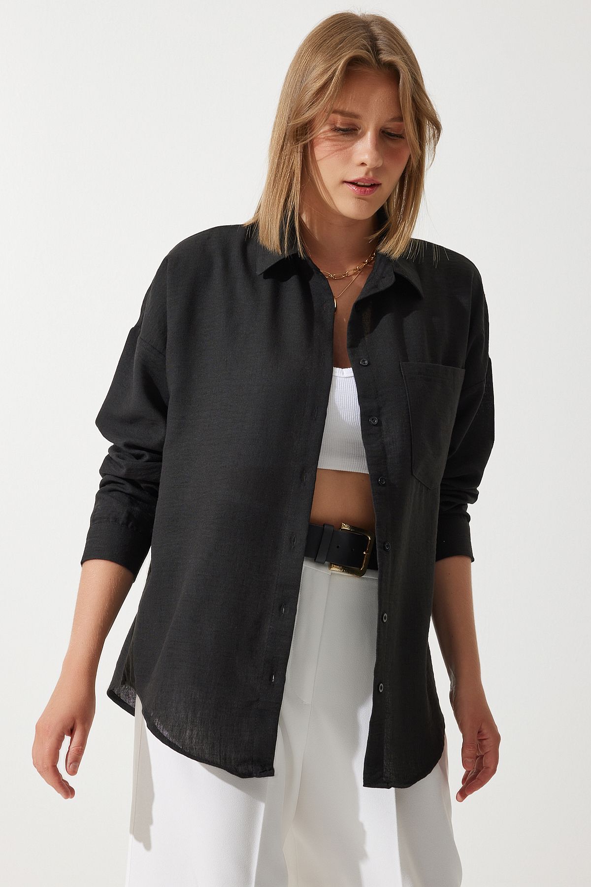 Kadın Siyah Oversize Keten Ayrobin Gömlek DD01222 Kadın Siyah Oversize Keten Ayrobin Gömlek DD01222