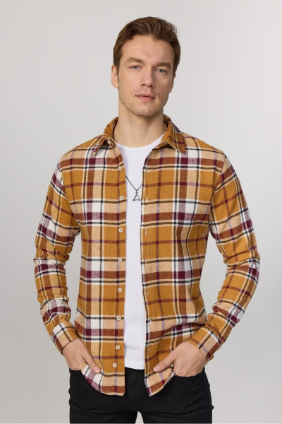Slim Fit Uzun Kollu Dar Kesim Kareli Kışlık Oduncu Hardal-beyaz Erkek Gömlek Slim Fit Uzun Kollu Dar Kesim Kareli Kışlık Oduncu Hardal-beyaz Erkek Gömlek