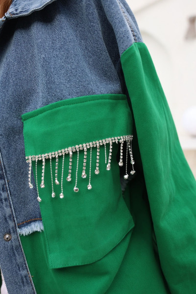 Kadın Yeşil Çift Cepli Çıtçıt Düğmeli Taş Püsküllü Denim Oversize Ceket Kadın Yeşil Çift Cepli Çıtçıt Düğmeli Taş Püsküllü Denim Oversize Ceket