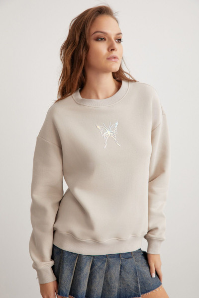 Martına Kadın Bisiklet Yaka Kelebek Baskı Detaylı Taş Rengi Sweatshirt Martına Kadın Bisiklet Yaka Kelebek Baskı Detaylı Taş Rengi Sweatshirt