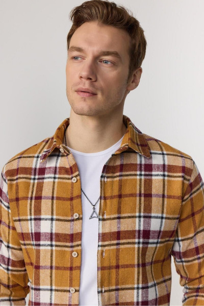 Slim Fit Uzun Kollu Dar Kesim Kareli Kışlık Oduncu Hardal-beyaz Erkek Gömlek Slim Fit Uzun Kollu Dar Kesim Kareli Kışlık Oduncu Hardal-beyaz Erkek Gömlek