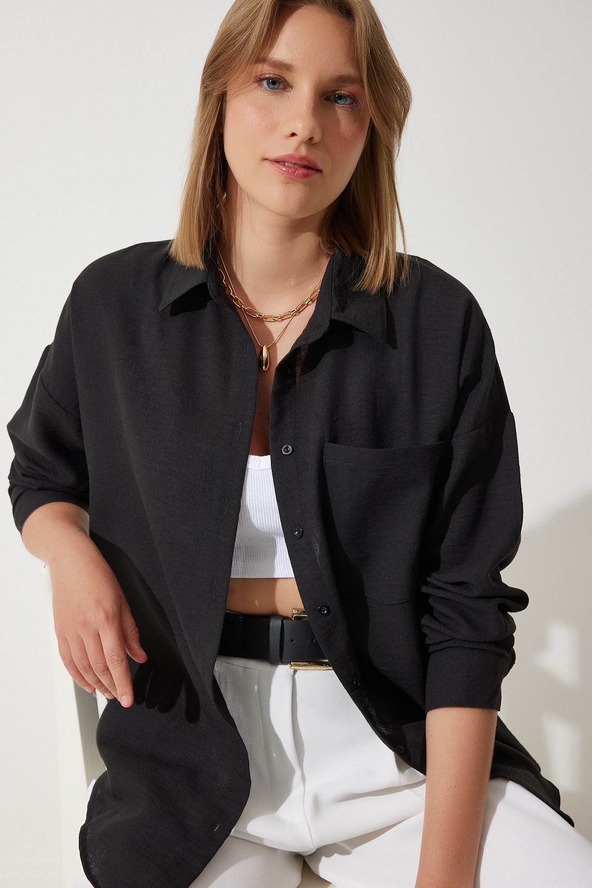 Kadın Siyah Oversize Keten Ayrobin Gömlek DD01222 Kadın Siyah Oversize Keten Ayrobin Gömlek DD01222
