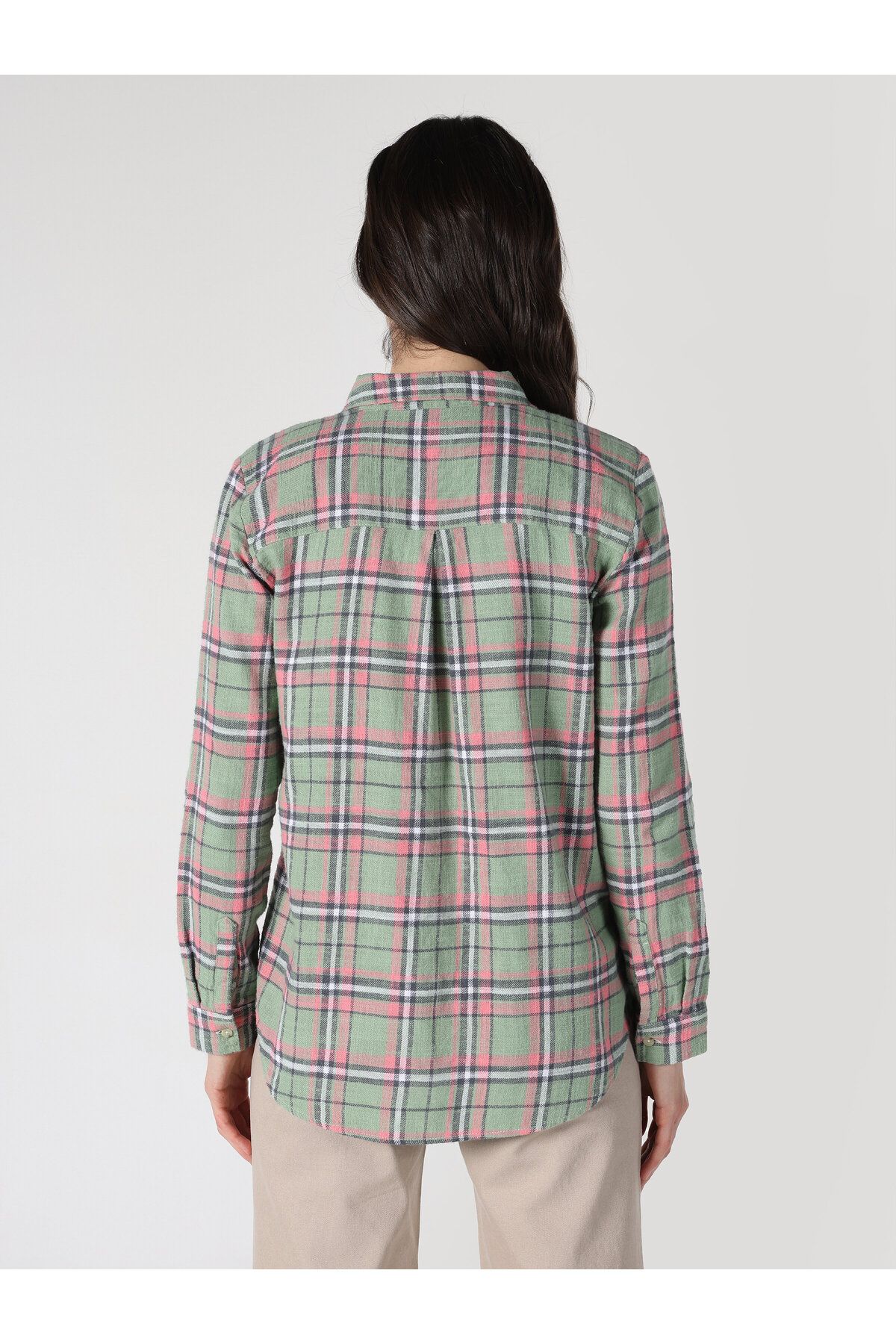Regular Fit Ekoseli Yeşil Kadın Uzun Kol Gömlek Cl1061054