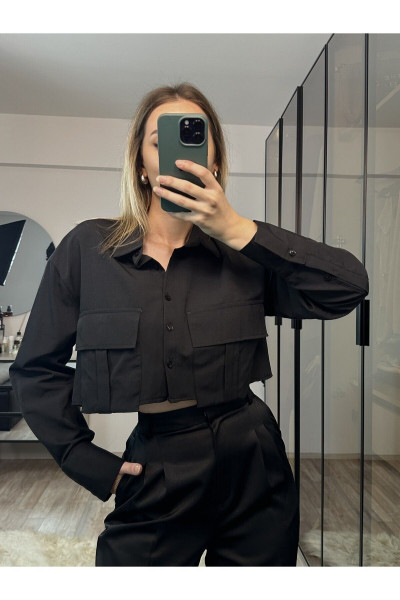 Milly  Çift Cepli Crop Siyah Gömlek