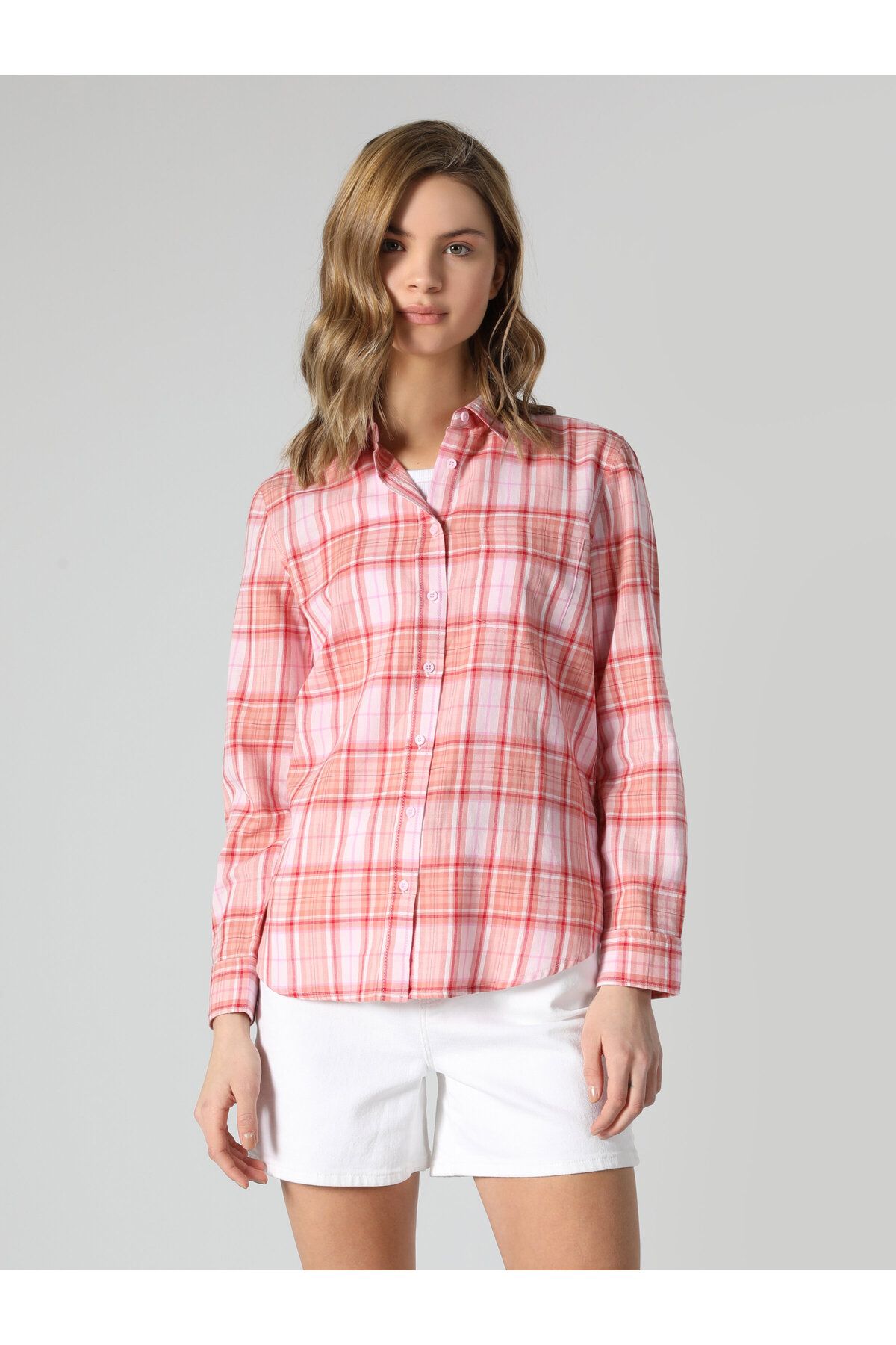 Regular Fit Kareli Pembe Kadın Uzun Kol Gömlek Cl1061880 Regular Fit Kareli Pembe Kadın Uzun Kol Gömlek Cl1061880