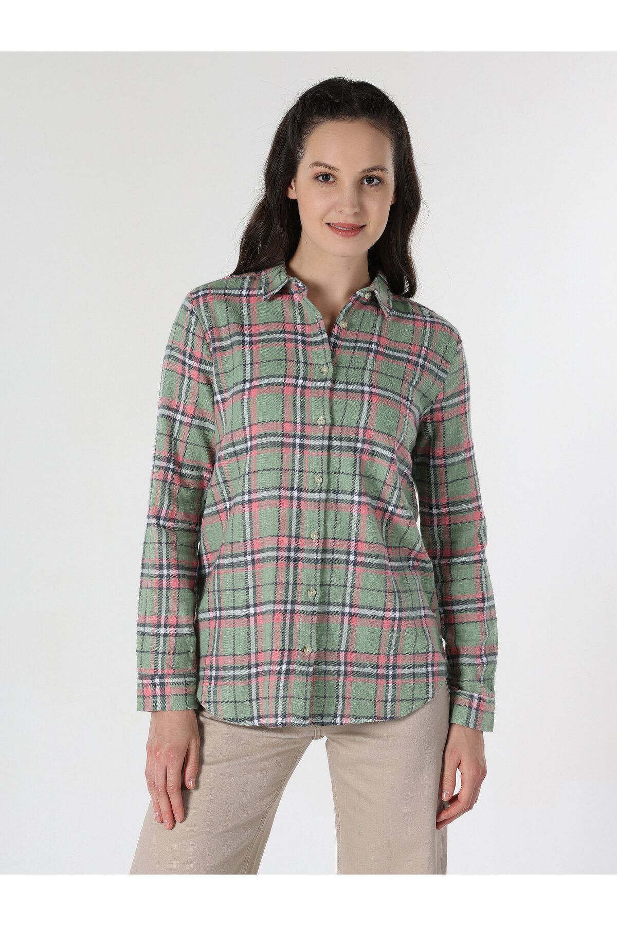 Regular Fit Ekoseli Yeşil Kadın Uzun Kol Gömlek Cl1061054