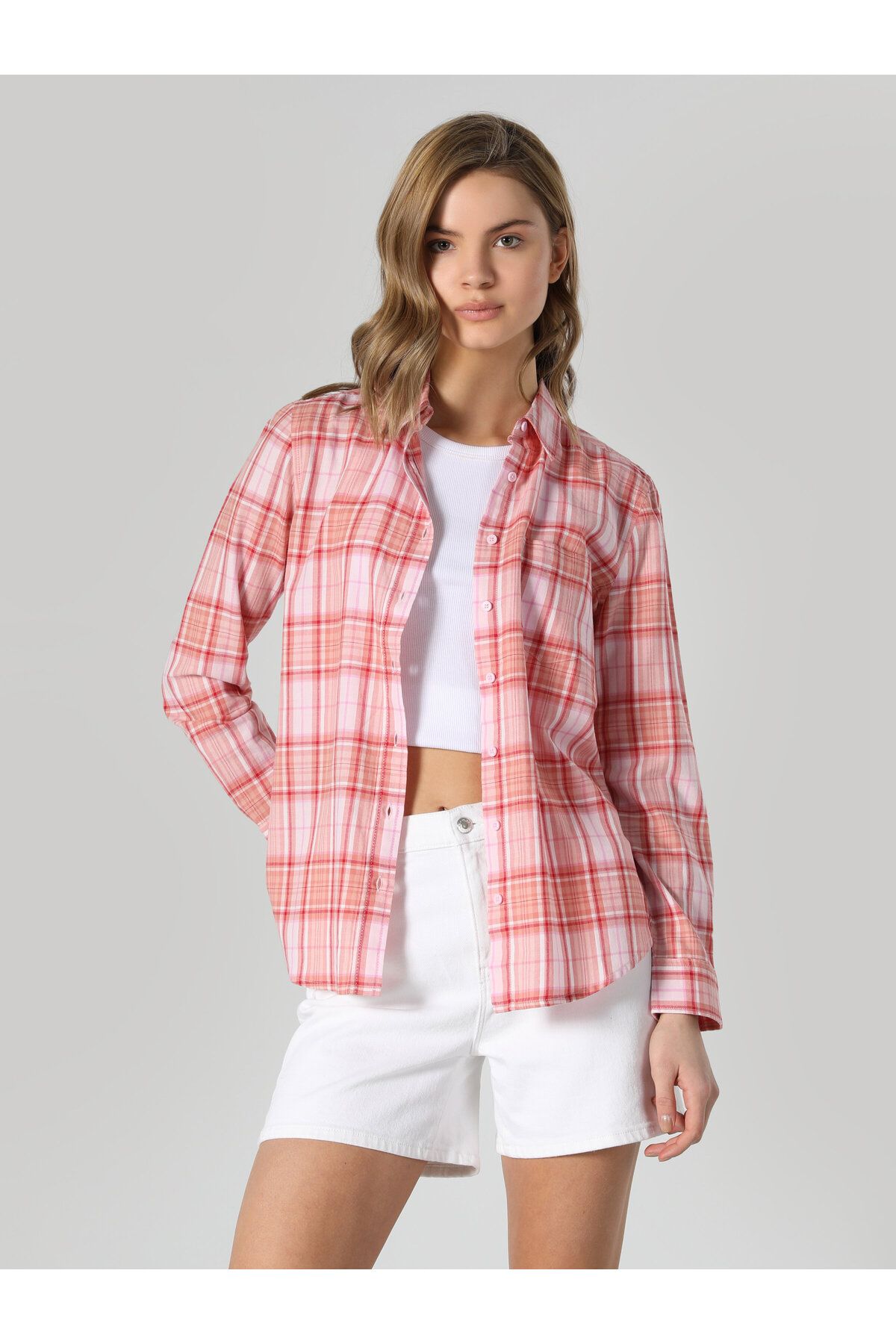 Regular Fit Kareli Pembe Kadın Uzun Kol Gömlek Cl1061880 Regular Fit Kareli Pembe Kadın Uzun Kol Gömlek Cl1061880