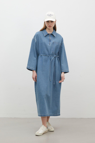 YAKA DETAYLI DENİM ELBİSE MAVİ