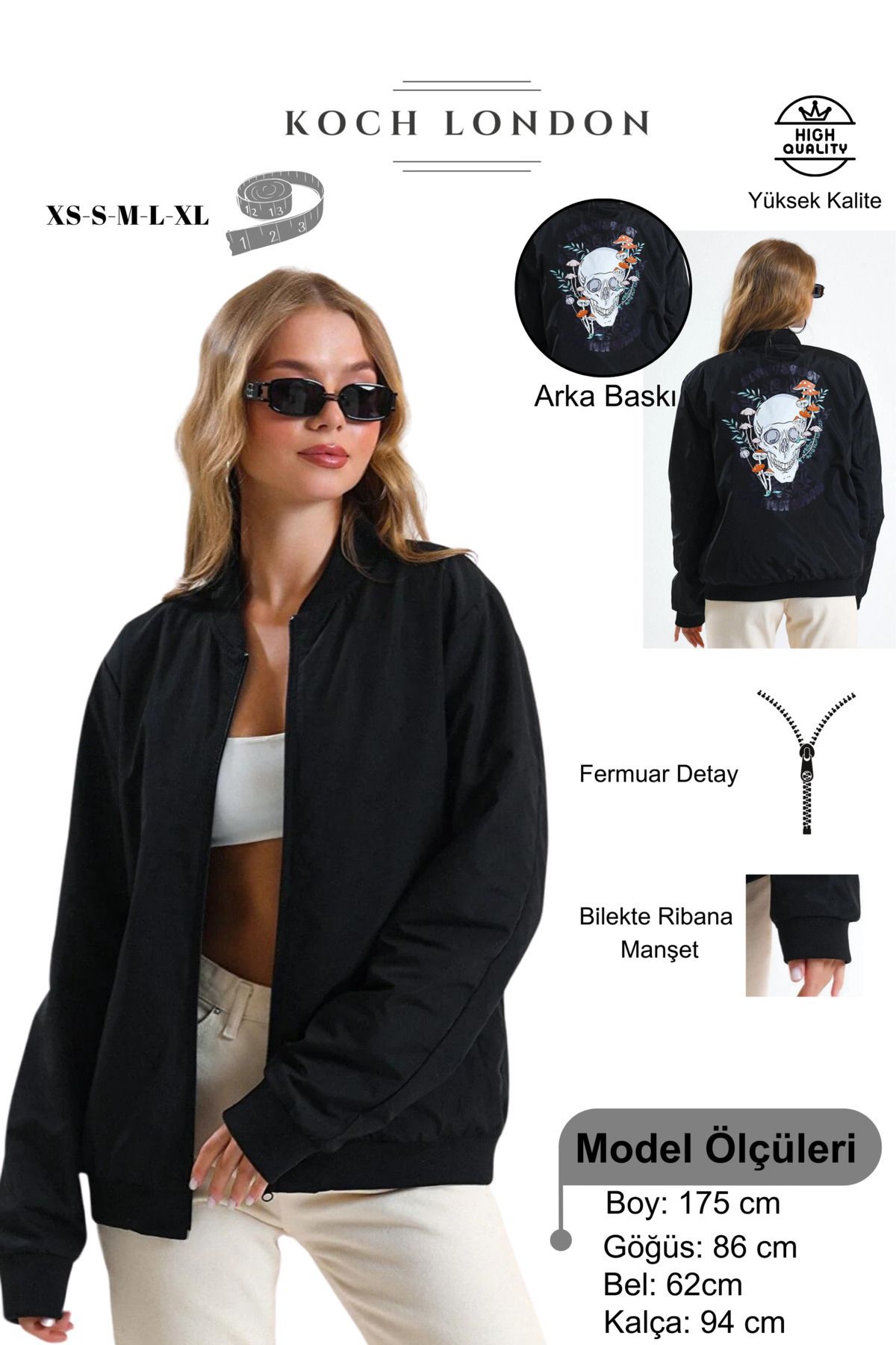 Unisex Renkli Kurukafa Baskılı Astarlı Bomber Ceket Unisex Renkli Kurukafa Baskılı Astarlı Bomber Ceket