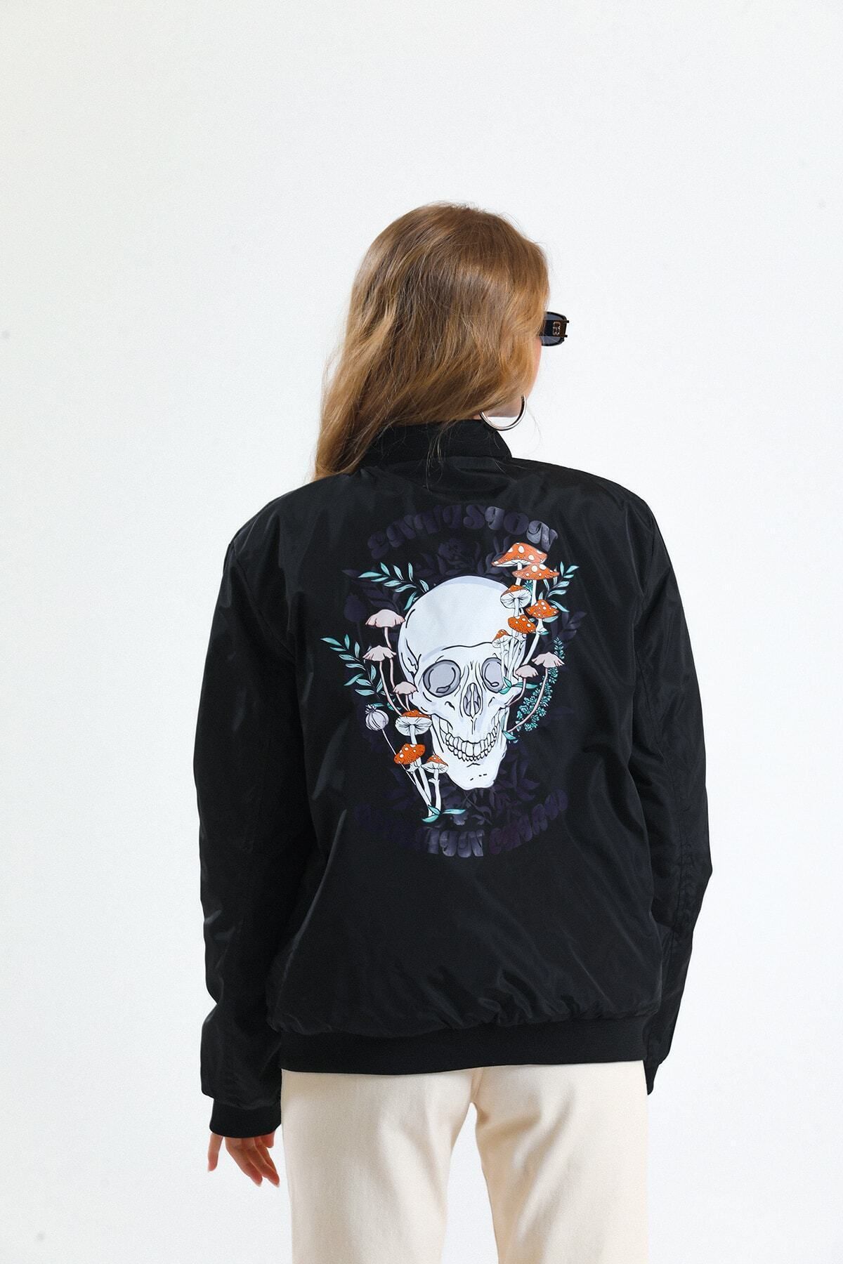 Unisex Renkli Kurukafa Baskılı Astarlı Bomber Ceket Unisex Renkli Kurukafa Baskılı Astarlı Bomber Ceket