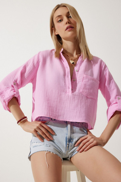 Kadın Pembe Hakim Yaka Premium Müslin Gömlek Bluz RG00028