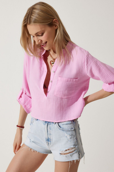 Kadın Pembe Hakim Yaka Premium Müslin Gömlek Bluz RG00028