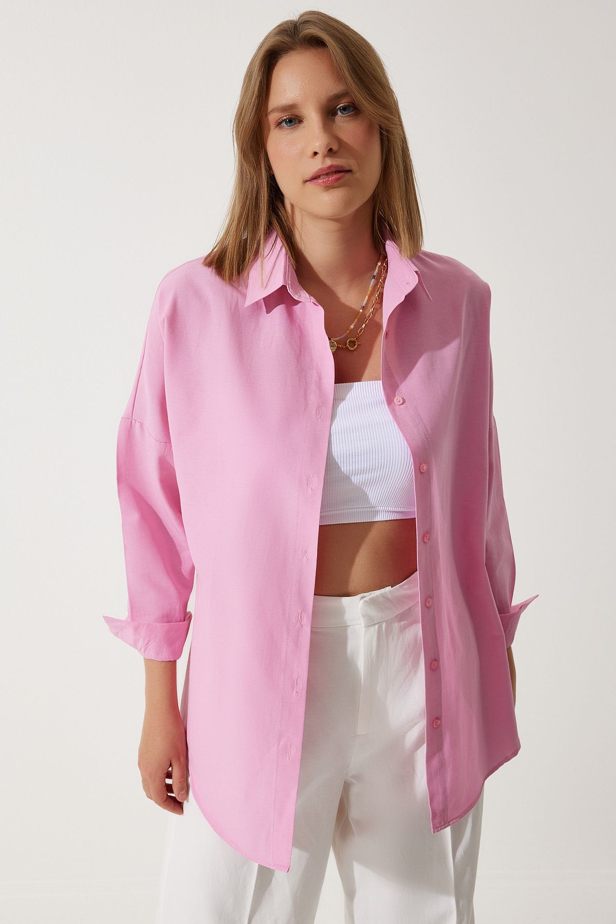 Kadın Pembe Oversize Uzun Basic Gömlek  DD00842