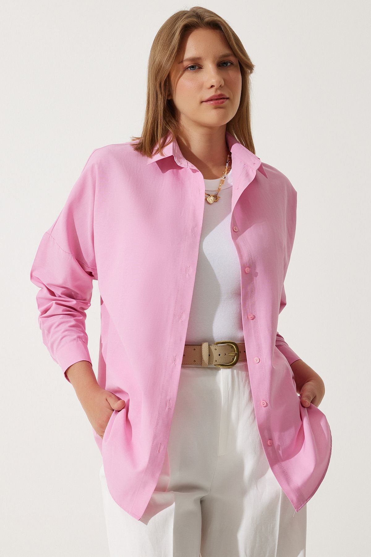 Kadın Pembe Oversize Uzun Basic Gömlek  DD00842