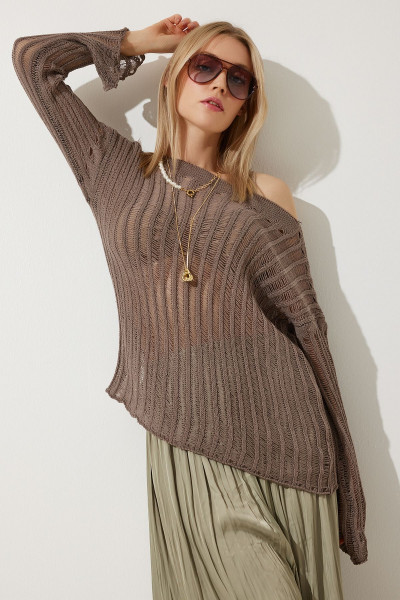 Kadın Vizon Düşük Omuzlu Yazlık Ajurlu Triko Bluz MC00285 Kadın Vizon Düşük Omuzlu Yazlık Ajurlu Triko Bluz MC00285