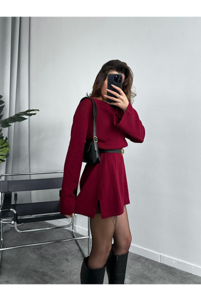 Sara  Bordo Triko Mini  Elbise Sara  Bordo Triko Mini  Elbise