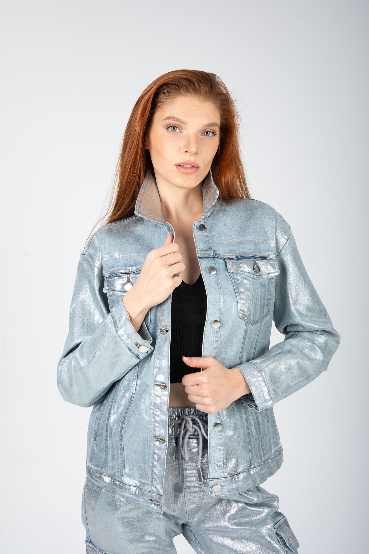 Varak baskılı denim ceket Varak baskılı denim ceket