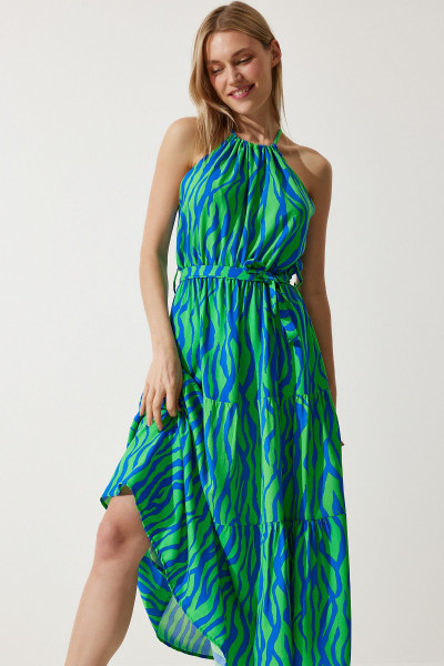 Kadın Yeşil Mavi Halter Yaka Yazlık Viskon Elbise ZV00269