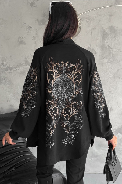Kadın Siyah Standart Beden Komple Pul Payet Ve Nakış İşlemeli İnce Oversize Ceket