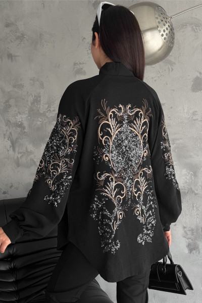 Kadın Siyah Standart Beden Komple Pul Payet Ve Nakış İşlemeli İnce Oversize Ceket