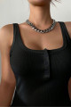 Kadın Siyah Kaşkorse Geniş Askılı Düğmeli Crop Bluz Kadın Siyah Kaşkorse Geniş Askılı Düğmeli Crop Bluz