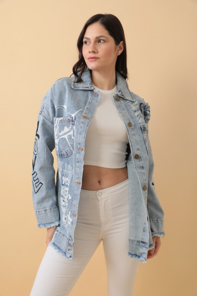 Tasarım El Baskı Detaylı Denim Kot Ceket Tasarım El Baskı Detaylı Denim Kot Ceket