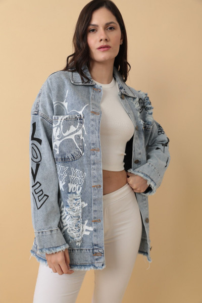 Tasarım El Baskı Detaylı Denim Kot Ceket Tasarım El Baskı Detaylı Denim Kot Ceket