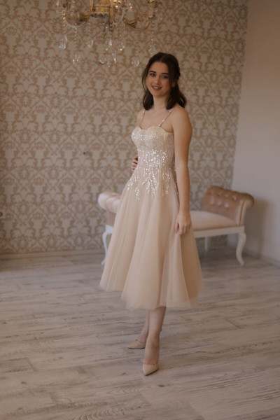 Vizon Işli Beden Midi Boy Elbise,abiye,söz Elbisesi