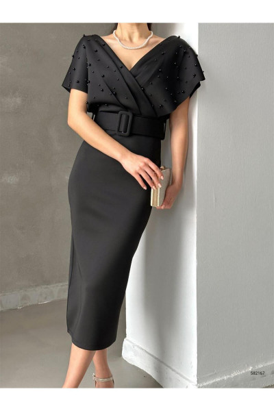 Siyah Incili Kruvaze Midi Boy Kemerli Elbise, Abiye Elbise, Mezuniyet Elbisesi, Siyah Incili Kruvaze Midi Boy Kemerli Elbise, Abiye Elbise, Mezuniyet Elbisesi,