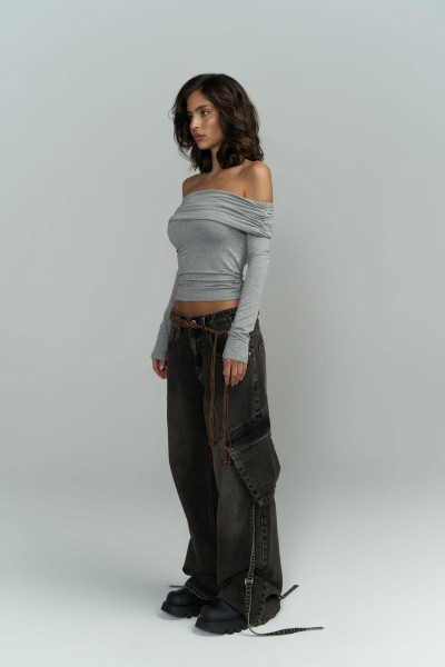 Mai Collection Alonzo Carmen Yaka Uzun Kollu Gri Bluz Mai Collection Alonzo Carmen Yaka Uzun Kollu Gri Bluz