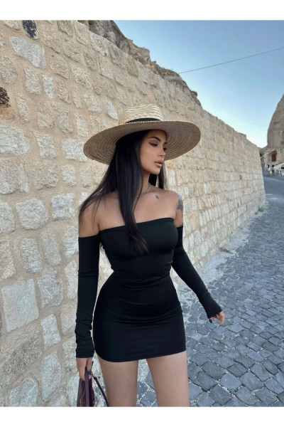 Kadın Siyah Mini Straplez Dalgıç Elbise Kadın Siyah Mini Straplez Dalgıç Elbise