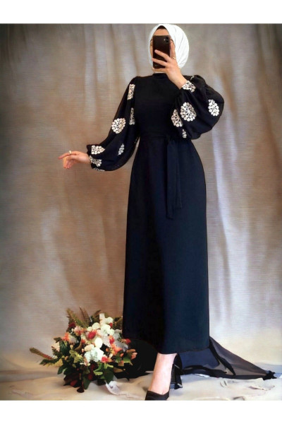 Kolu Tül Nakışlı Kalem Elbise