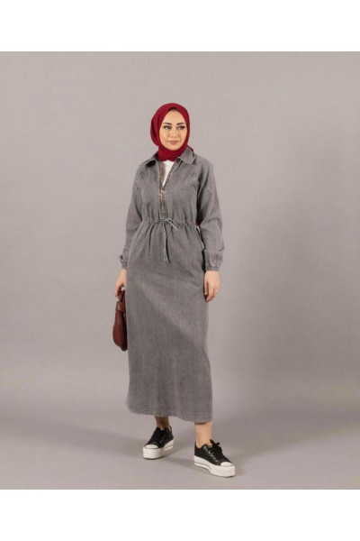 Kadın tesettür belden büzgülü kot elbise