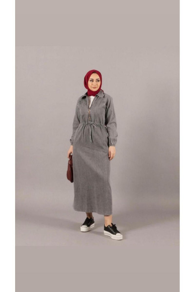 Kadın tesettür belden büzgülü kot elbise Kadın tesettür belden büzgülü kot elbise