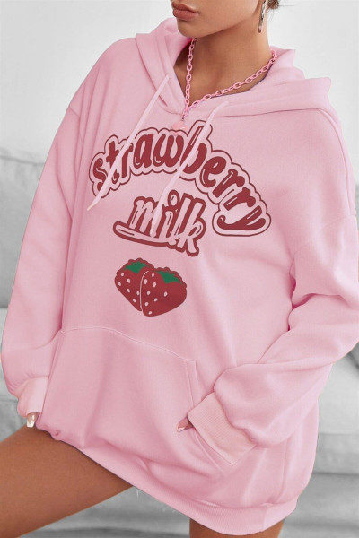Kadın Pembe Çilek Baskılı 3 Iplik Şardonlu Kapüşonlu Kanguru Cepli Oversize Salaş Hoodie Sweatshirt Kadın Pembe Çilek Baskılı 3 Iplik Şardonlu Kapüşonlu Kanguru Cepli Oversize Salaş Hoodie Sweatshirt
