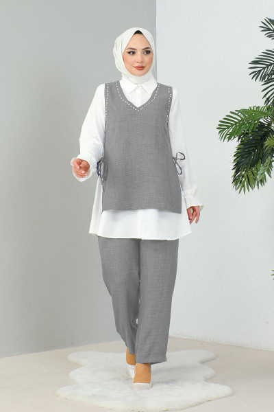 Taş Detaylı Üçlü Keten Takım - Gri Taş Detaylı Üçlü Keten Takım - Gri