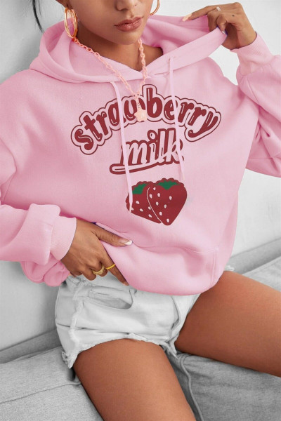 Kadın Pembe Çilek Baskılı 3 Iplik Şardonlu Kapüşonlu Kanguru Cepli Oversize Salaş Hoodie Sweatshirt Kadın Pembe Çilek Baskılı 3 Iplik Şardonlu Kapüşonlu Kanguru Cepli Oversize Salaş Hoodie Sweatshirt