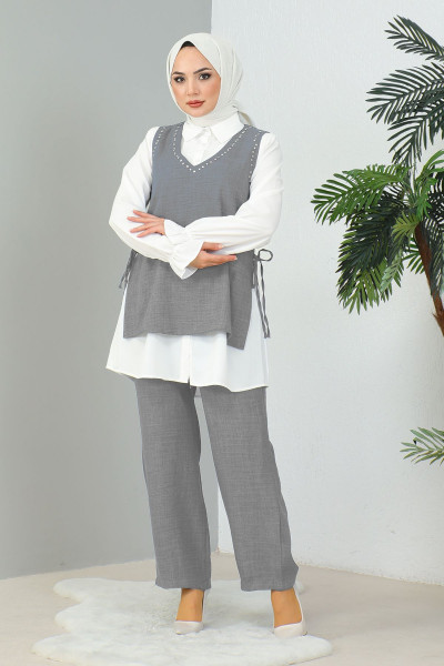 Taş Detaylı Üçlü Keten Takım - Gri