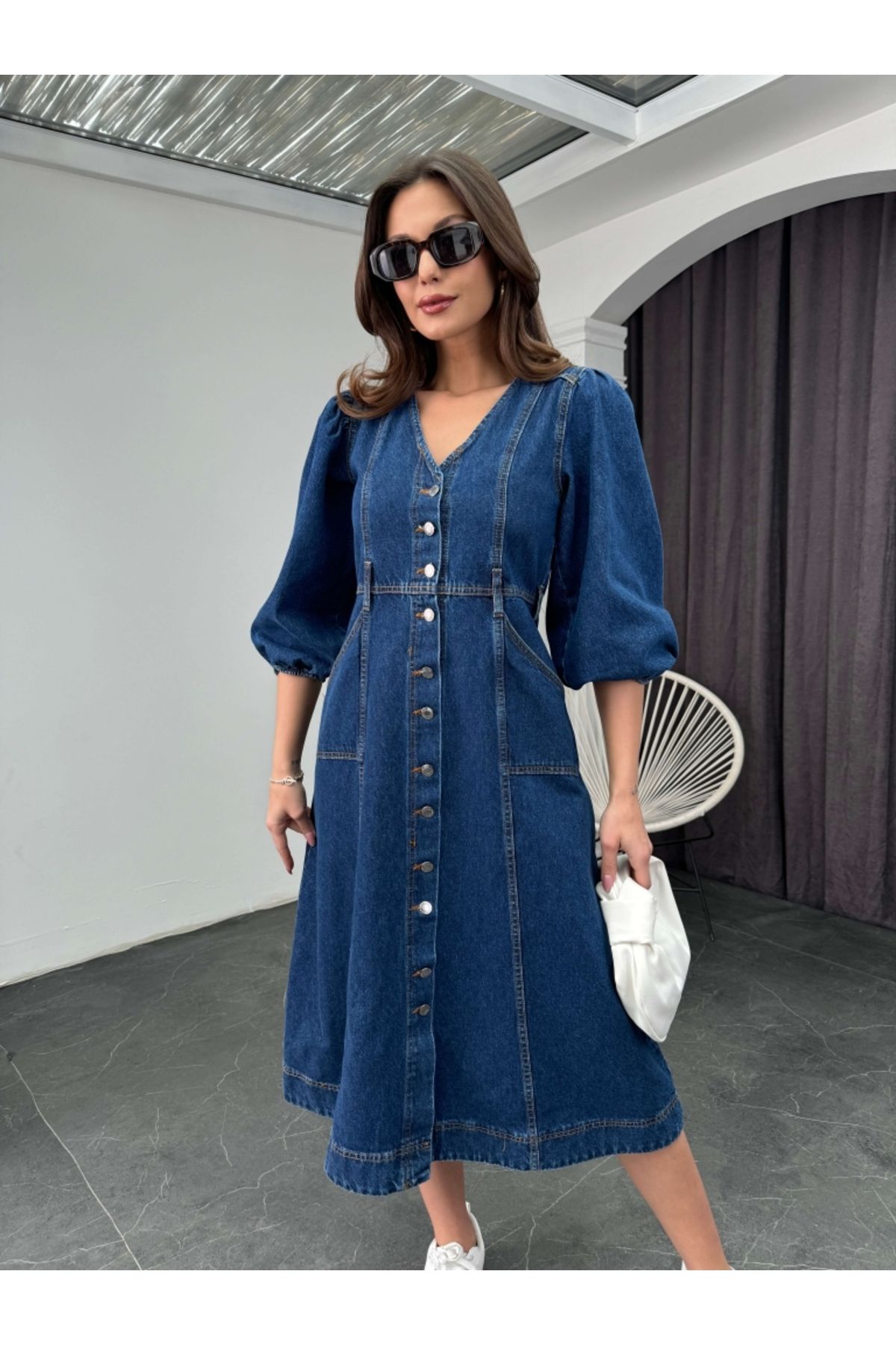 Mavi Balon Kol Önden Düğmeli Denim Elbise Mavi Balon Kol Önden Düğmeli Denim Elbise