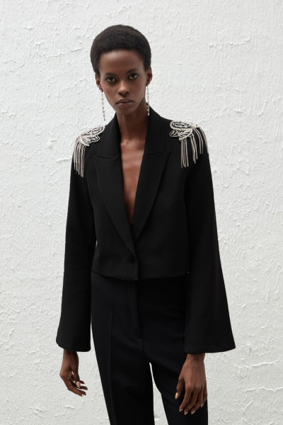 Omuz Aksesuarlı Kısa Ceket - Siyah