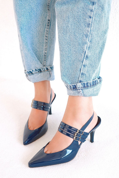 Touch Rugan Sivri Burun Üç Bantlı Arka Açık Stiletto Abiye Topuklu Kadın Ayakkabı