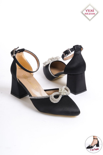 Rozza Siyah Saten Kadın Taşlı Fiyonklu Topuklu Ayakkabı Bg1042-119-0019