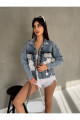 OREO Kadın Taş ve İnci İşlemeli Kalp Ponponlu Oversize Kot Ceket OREO Kadın Taş ve İnci İşlemeli Kalp Ponponlu Oversize Kot Ceket